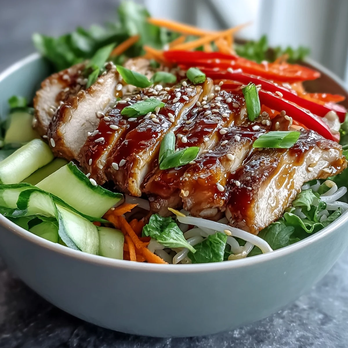 Ein dampfender Asian Chicken Noodle Bowl mit gebratenem Hähnchen, bunten Karottenstreifen und frischen Gurkenscheiben auf einem Holztisch.