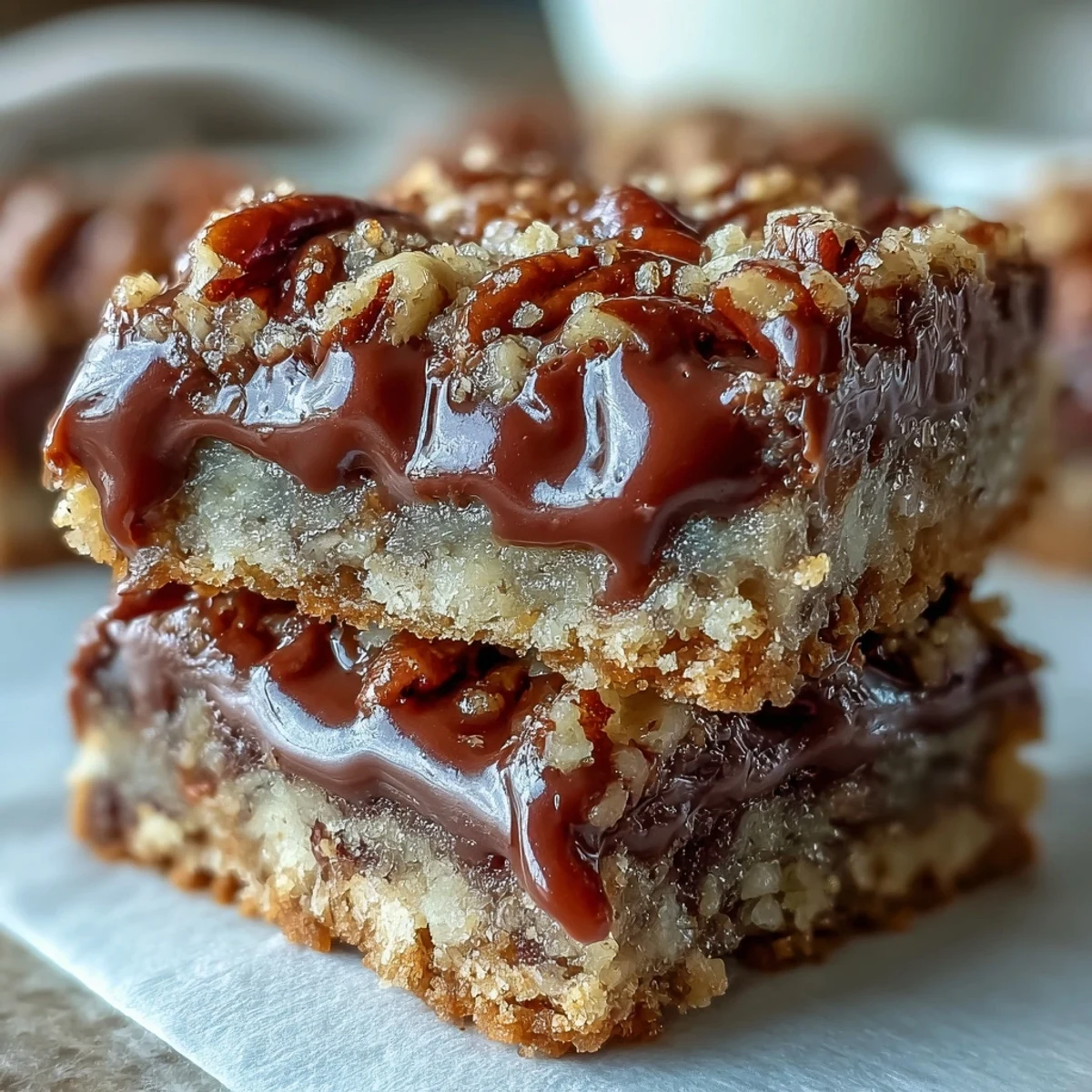 Goldbraune Decadent Sweet and Chewy Turtle Bars mit glänzender Karamellschicht.