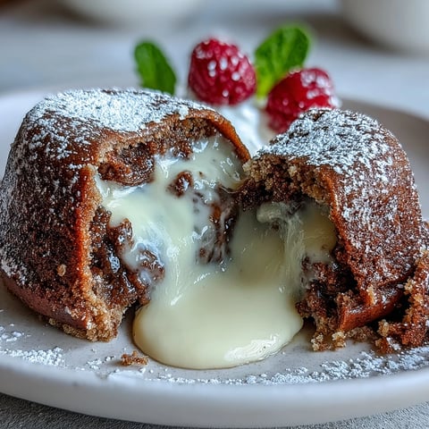Golden Hojicha White Chocolate Lava Cakes with a molten center on a dessert plate.