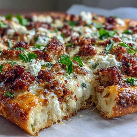 Hot Sausage Feta Honey Pizza topped with spicy sausage, creamy feta, and glistening hot honey on a crisp crust.