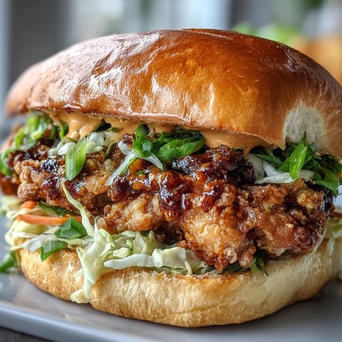 Crispy Thai Fried Chicken Sandwich on a brioche bun with sriracha mayo and pickled carrots.