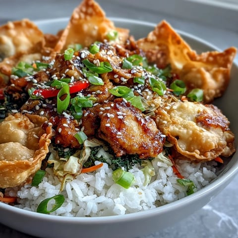 Crispy Baked Egg Roll Chicken Bowls mit gebackenen Wonton-Streifen auf Reis.