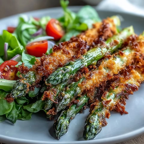 Crispy Parmesan Asparagus Chicken Salad on a plate, topped with golden baked spears and fresh basil, served with lemon dressing.