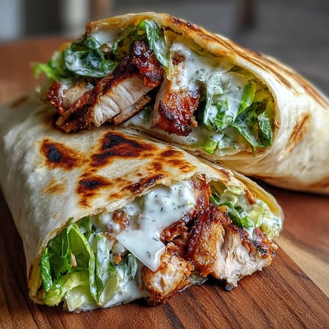 Slices of juicy grilled chicken and crisp romaine on warm, garlicky naan, drizzled with creamy Caesar for a hearty Garlic Naan Grilled Chicken Caesar Wrap.