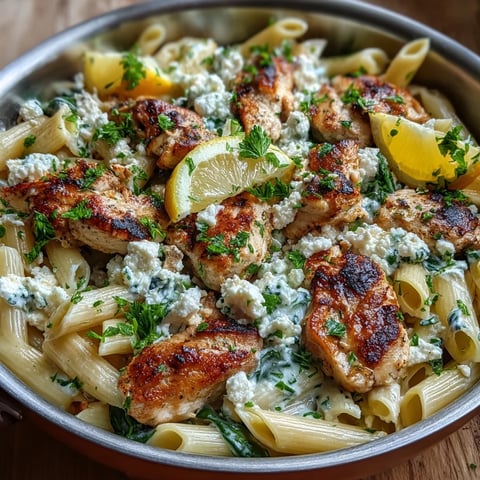 Drei fertige Greek Chicken Feta Pasta Skillet im Topf, lecker für Abendessen.