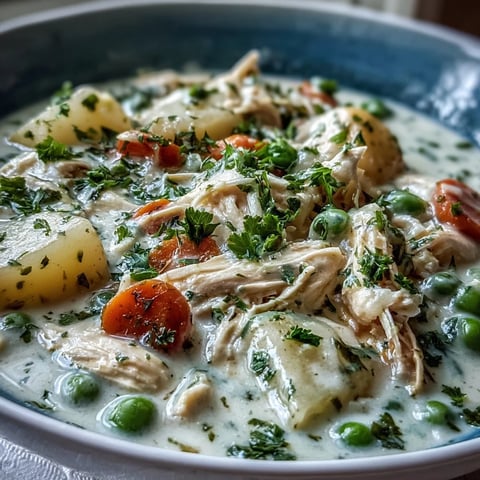 Creamy Chicken Pot Pie Soup in a rustic bowl, topped with fresh parsley and a golden biscuit on the side.
