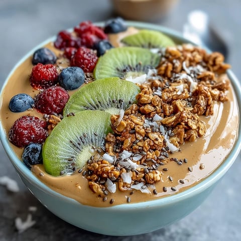 1. Cremige Hojicha-Smoothie-Bowl mit gefrorenen Bananen, geröstetem Grüntee und knusprigem Granola.  