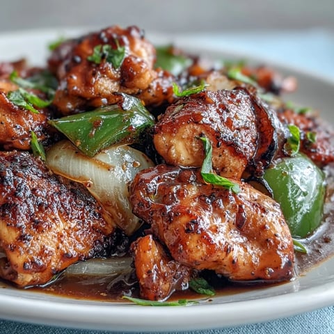 Schwarzer-Pfeffer-Hähnchen in einer scharfen Pfanne gebraten mit buntem Gemüse und aromatischer Sauce.