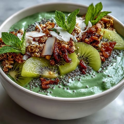 Ein leuchtend grüner Smoothie-Bowl mit tropischen Früchten, belegt mit cremigem Mangochia-Samen-Topping und frischem Kiwi.