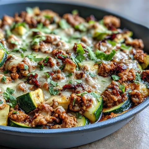 Saftiges One-Pot Turkey Taco Zucchini Skillet mit zartem Truthahn, knackigem Gemüse und geschmolzenem Käse – ein farbenfrohes, gesundes Tex-Mex Gericht in einer Pfanne.