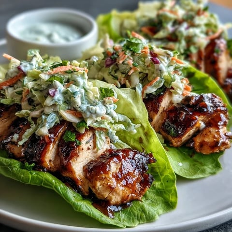 Saftiges BBQ-Hähnchenbrustfilet in knackigen Salatblättern, belegt mit knackigem, säuerlichem Krautsalat für eine gesunde, befriedigende Mahlzeit zum Abnehmen.