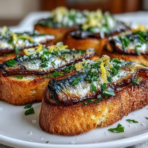 Krosse Baguettescheiben mit Sardinen, Zitronenschale und frischen Kräutern für eine lebendige Vorspeise.