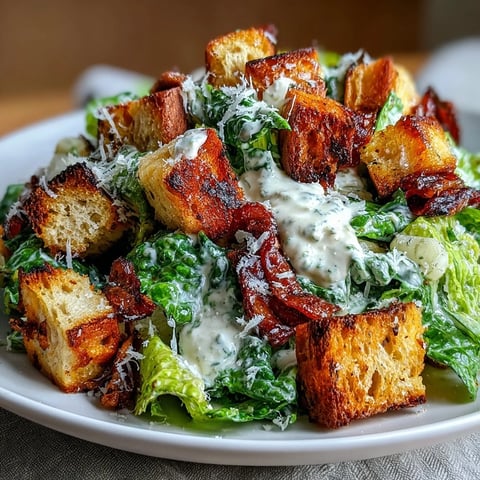 Klassischer Caesar-Salat mit knusprigen, goldgelben Sauerteig-Croûtons und cremigem Dressing.