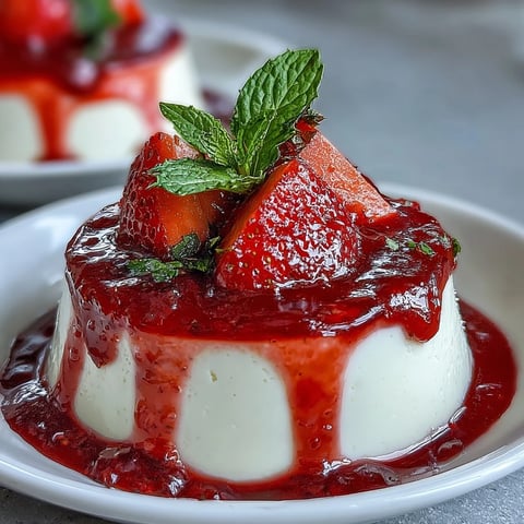 Zarte, cremige Vanille-Panna Cotta mit leuchtend roter Erdbeersauce für romantische Valentinstags-Desserts.