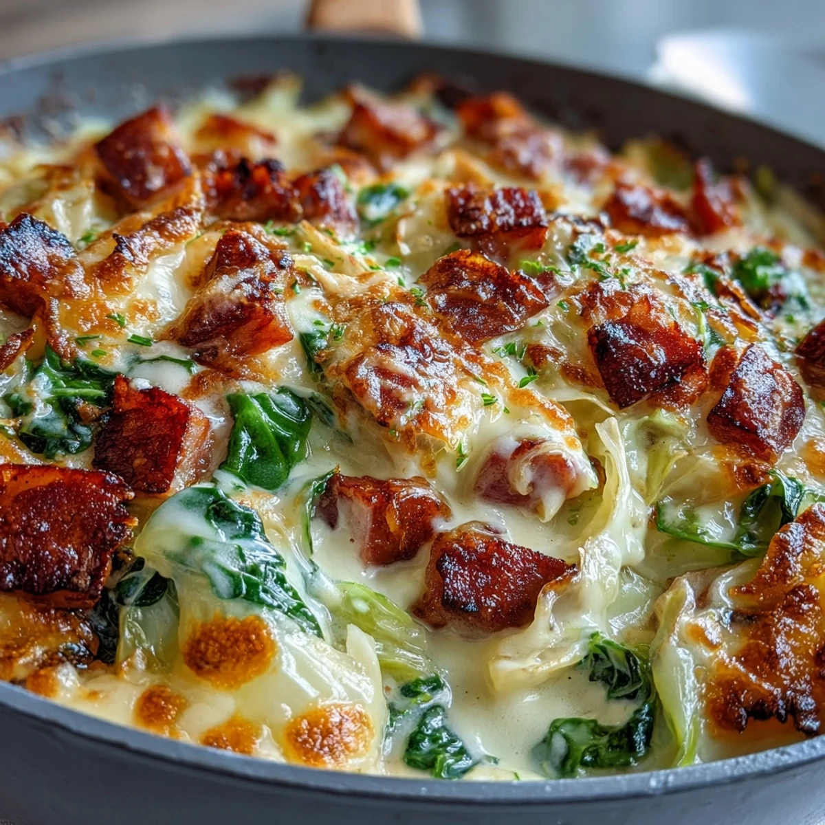 Cremiger Kohlschinken-Pfannengericht mit zartem Kohl und würzigem Schinken in einer reichen Sahnesauce.  