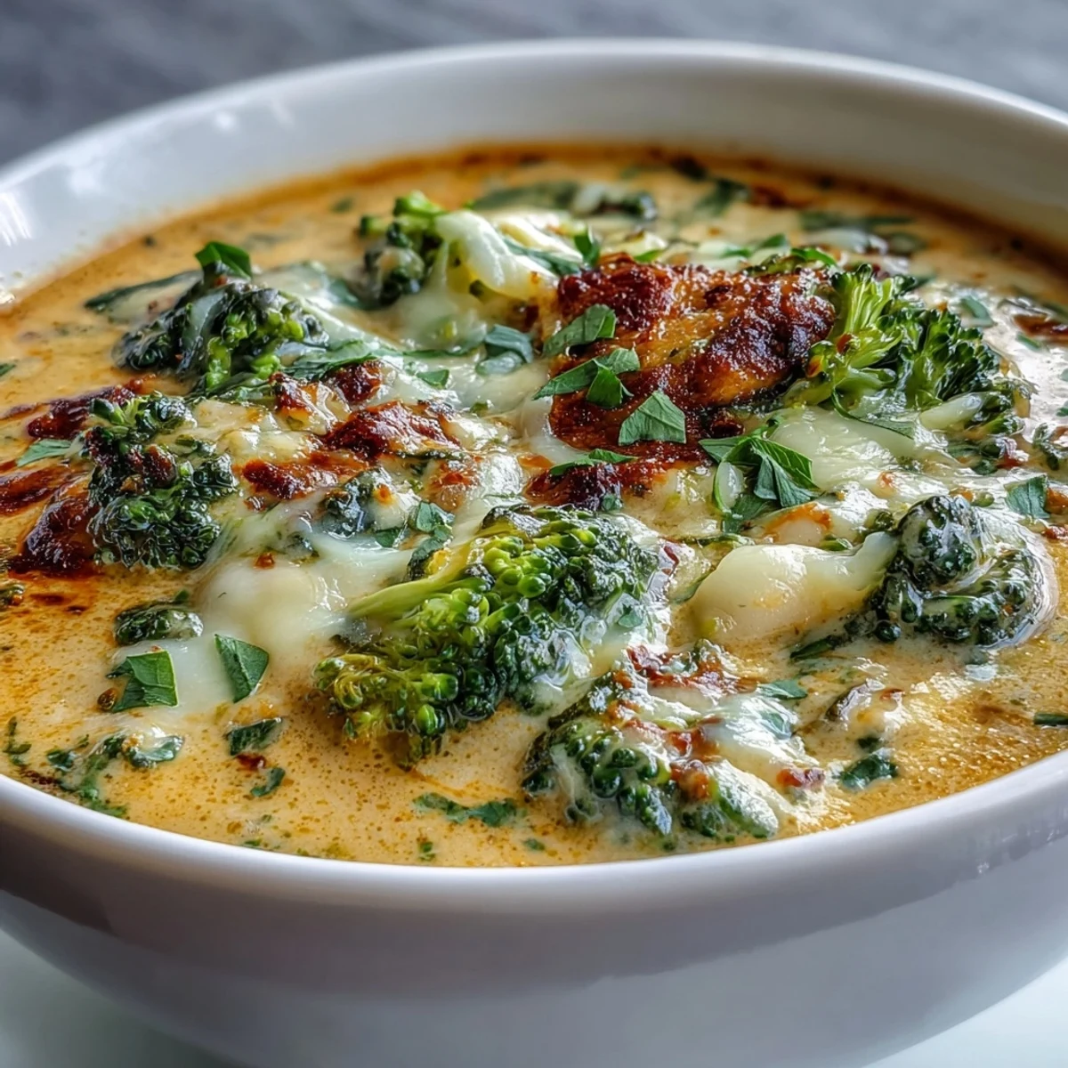 1. Cremige Brokkoli-Cheddar-Bohnensuppe mit zarten Brokkoliröschen und scharfem Cheddar-Käse.