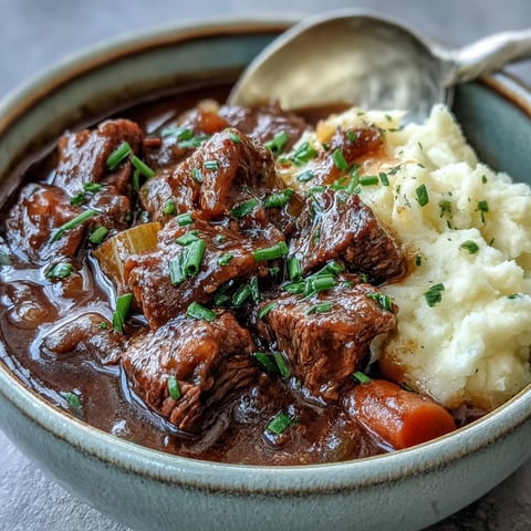 Irischer Rindfleisch-Eintopf mit Blumenkohlpüree auf einem Teller, dampfend und mit frischen Kräutern garniert.