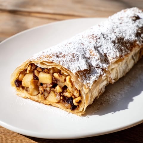 Warm, freshly baked apple strudel rolls dusted with powdered sugar, ready to be enjoyed.