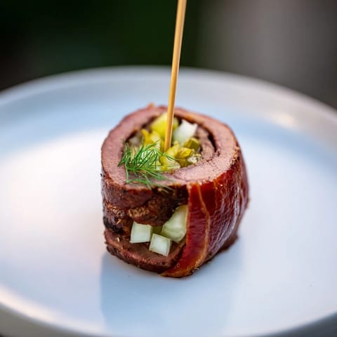 Close-up of perfectly browned mini Rouladen, showcasing the savory beef and pickle filling.