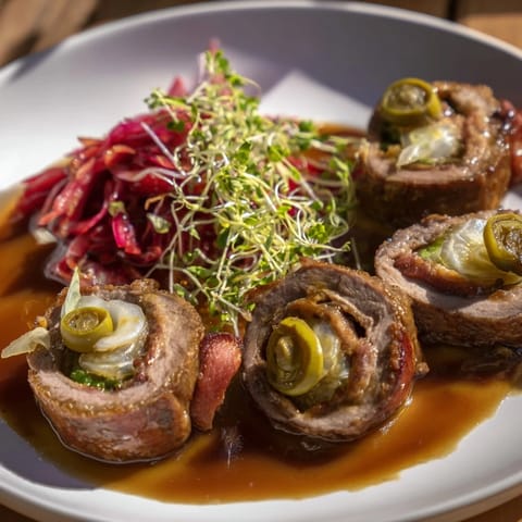 Close-up of Sauerbraten Roulades glistening with sauce, served with red cabbage and microgreens.