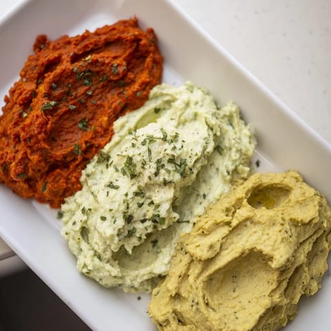 This Dip Trio includes vibrant avocado, roasted pepper, and turmeric hummus, perfect for sharing.