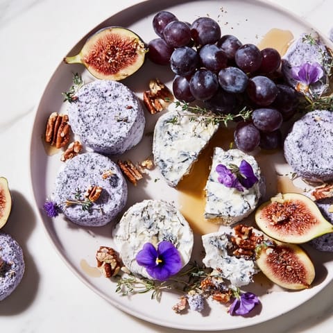 This The Lavender Haze cheese board features creamy brie, candied nuts and fresh, elegant garnishes.
