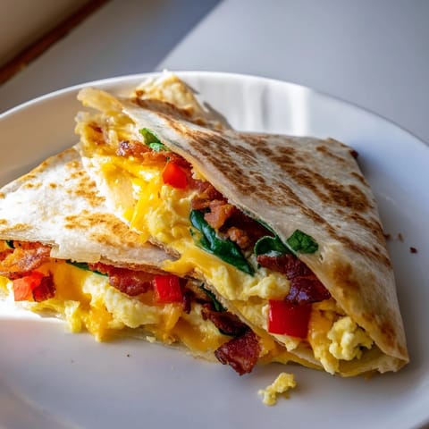 Delicious Breakfast Quesadilla, perfectly folded and pan-fried, ready to eat this morning.