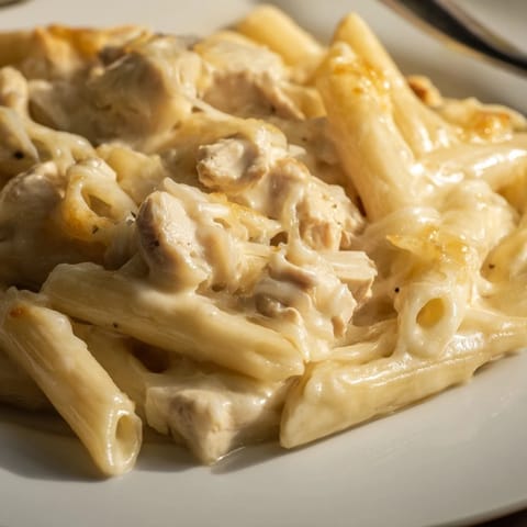 Chicken Alfredo Casserole aus dem Ofen: cremige Pasta mit saftigem Hühnchen und frischer Petersilie garniert.  