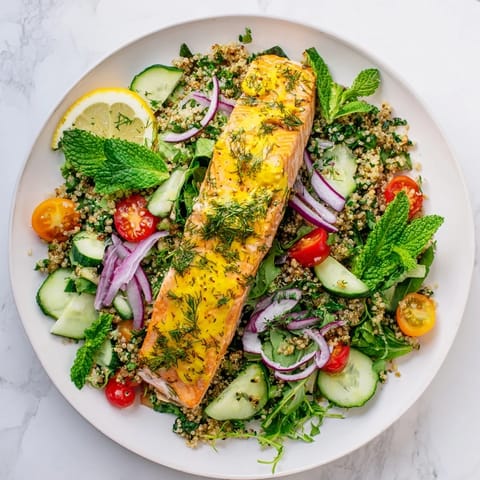 Ein leckeres Lemon Herb Salmon Salad mit saftigem Lachs, Kräutern und einem zitronigen Dressing angerichtet.