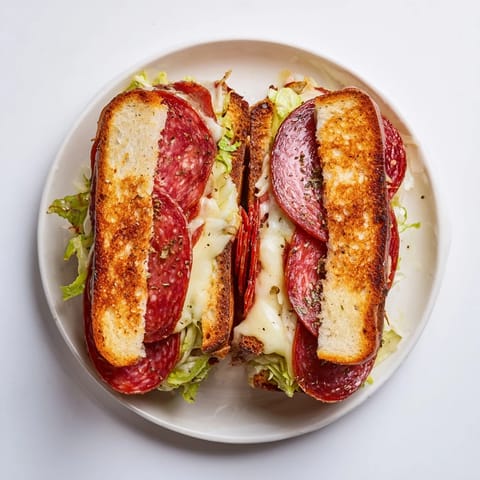 Golden-brown Italian Sub Grilled Cheese, melty provolone and salami on toasted bread with tangy lettuce.