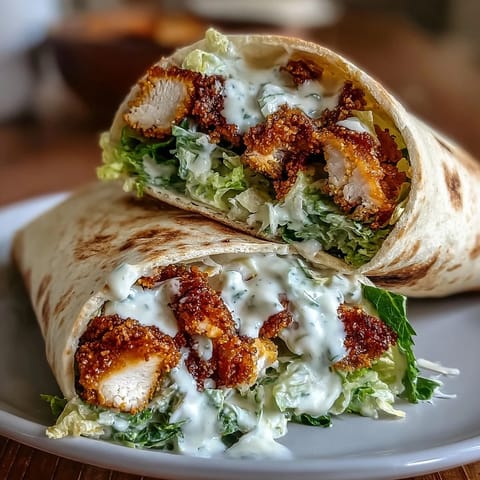 Goldbraune knusprige Hähnchenstreifen in warmen Pitas mit frischem Caesar-Salat.