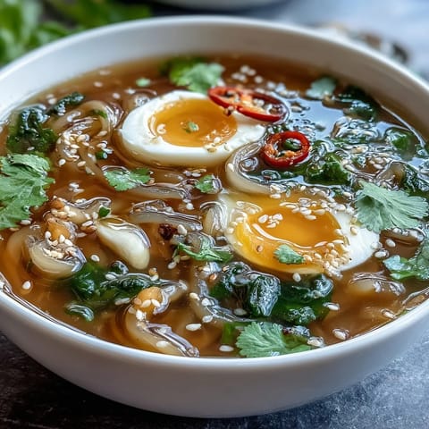 Gekochte Shirataki Nudeln in aromatischer Brühe mit weichem Ei und frischer Petersilie serviert.