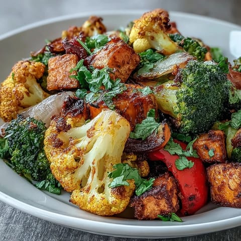 Frisch geröstete Anti-Inflammatory Turmeric Roasted Vegetables mit spritziger Zitronenfrische und gehacktem Koriander.