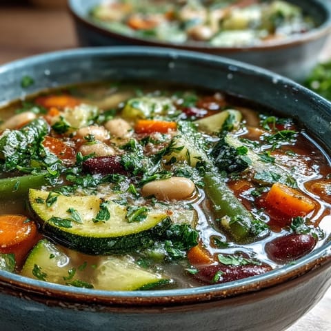 Herbstliche Vegetable Minestrone Variations mit Kürbis, Bohnen und nudeliger Pasta, serviert mit Brot.