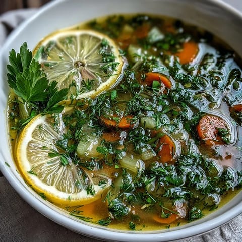 Helles, aromatisches Lemon Herb Soup in einer Krepsschüssel, garniert mit Petersilie und Zitronenscheiben.
