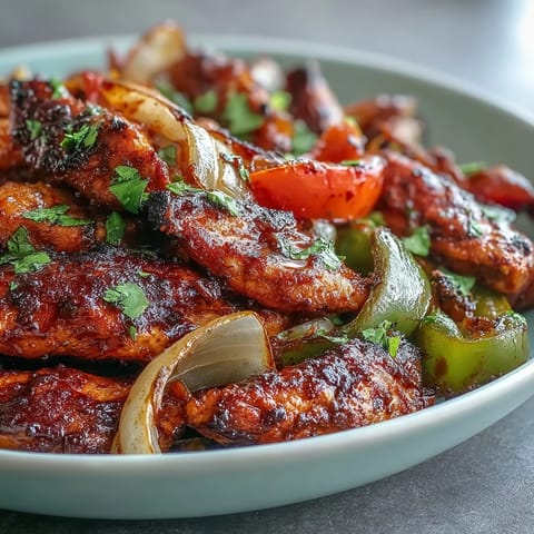 Leckere Easy Chicken Fajitas mit würziger Marinade und buntem Gemüse auf Teller.