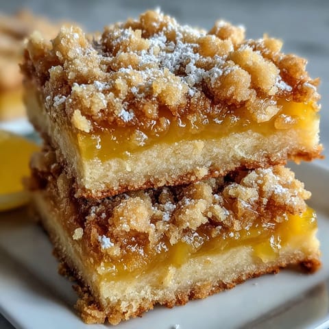 Frisch gebackene Homemade Lemon Crumb Bars mit goldbraunen Krümeln und cremiger Zitronenfüllung auf weissem Teller.