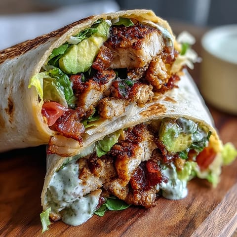 Genieße den Crispy Chicken Bacon Wrap mit cremiger Avocado und frischer Salatvielfalt auf dem Teller.