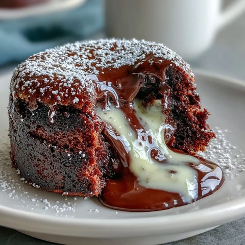 Hojicha Lava Cake mit flüssigem grünem Teeganache, auf einem teller mit Himbeeren angerichtet.