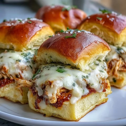 Gooey melted mozzarella and marinara ooze from toasted brioche sliders with pesto chicken.