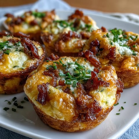 Goldbraune Ranch & Cheddar Egg Muffin Cups mit saftigem Innerem und knusprigem Bacon auf weisem Teller.