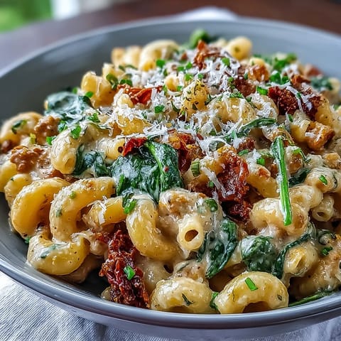Genieße cremigen Creamy Tuscan Chili Mac mit Spinat und Tomaten auf einem rustikalen Teller