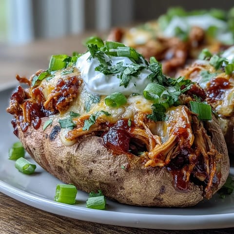 Golden baked sweet potato boats filled with smoky honey BBQ chicken, garnished with cilantro and sour cream.