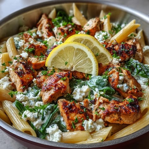 Ein Topf Greek Chicken Feta Pasta Skillet mit frischer Petersilie garniert.