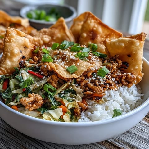 Frische Crispy Baked Egg Roll Chicken Bowls auf Reis mit knusprigem Hähnchen, knackigem Gemüse und goldenen Wonton-Streuseln, angerichtet für schnelle Abendessen.