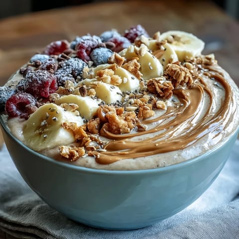 Ein nahrhafter Vegane Erdnuss Butter Banane Protein Smoothie Bowl aus der Vogelperspektive mit frischen Bananenscheiben, Beeren und Granola.