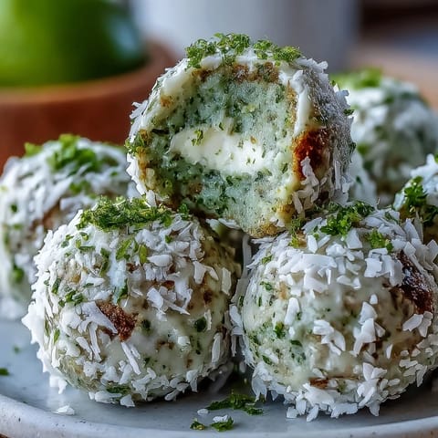 Vegan Coconut Lime Energy Balls with Dates and Cashews coated in shredded coconut on a white plate with fresh lime slices.