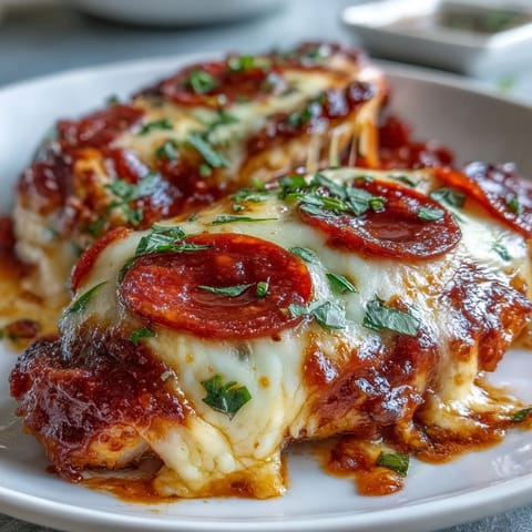 Keto Pepperoni Pizza Chicken Bake, fresh from the oven with bubbly mozzarella and golden pepperoni slices.