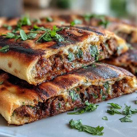 Knusprige, goldbraune Pitabrote gefüllt mit gewürztem Fleisch – ein klassisches libanesisches Gericht.