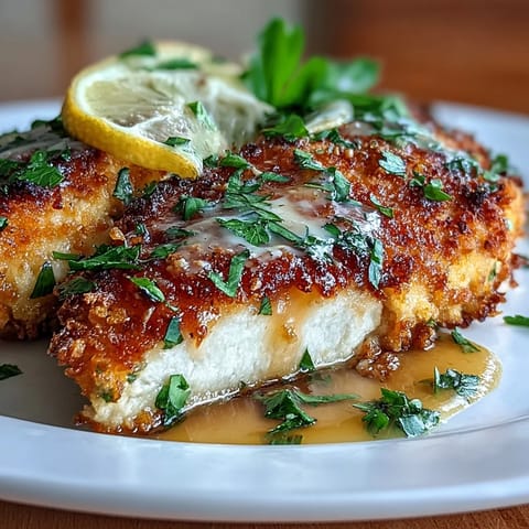 Zartes Hühnchenfilet mit aromatischer Parmesan-Panade, garniert mit Zitronenscheiben und Petersilie.  